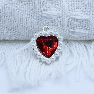 18MM alloy red heart crystal pendant with pearl border, perfect for DIY handmade jewelry making.