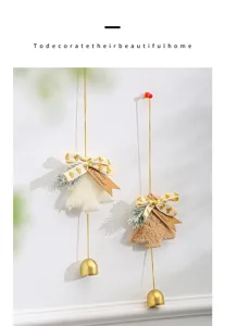 Close-up detail of plush Christmas tree hanging ornaments with bows, bells and tags.