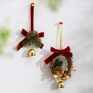 Handmade Christmas Tree Hanging Ornament Rattan Ring Bow Bell Festive Holiday Home Decor Party Gift Pendant