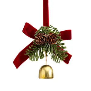 Christmas hanging ornament with red velvet bow pinecones and festive golden bell decoration