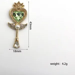 Close-up detail of heart magic wand alloy pendant, showing dimensions 43x18mm and weight.