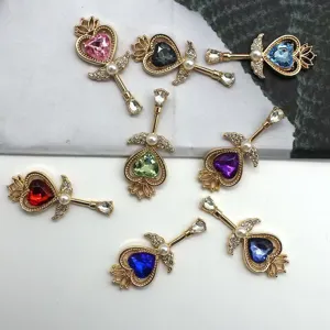 Alloy heart magic wand pendant DIY charms with colorful crystals and pearls for handmade jewelry.