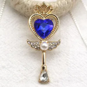 Heart magic wand alloy pendant, blue crystal rhinestone DIY necklace accessory crafting material.