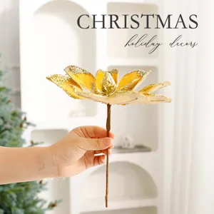 Künstliche Weihnachts Magnolien Blüte mit goldenem Glitzer für Baum Zweig Dekoration