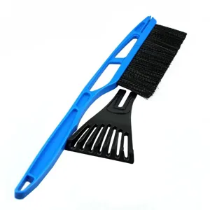 Detailed view of the 2-in-1 car snow brush and ice scraper with durable blue handle.