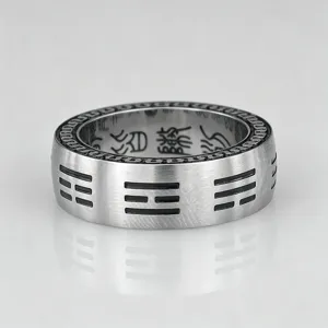 Vintage titanium steel ring with rotating Bagua Tai Chi symbol, cool men jewelry design.