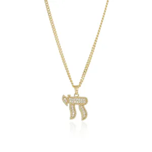 Detailed close-up of the Hebrew Chai pendant showcasing its sparkling cubic zirconia and chain.