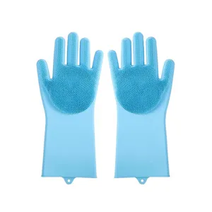 Blaue Silikon Spülund Putzhandschuhe mit dichten Borsten und praktischer Aufhängeöse für Haushalt.