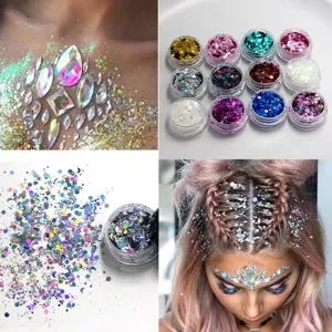 Sparkly face glitter jewels and holographic sequin makeup jars for festival party use