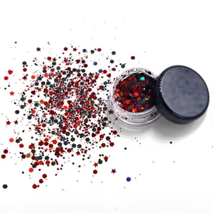 Holographic red cosmetic glitter powder, star and heart face sequins for festival party makeup.