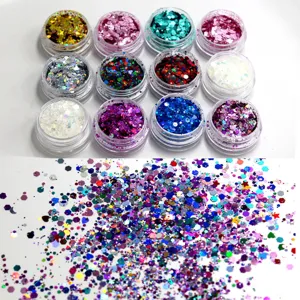Colorful laser glitter sequins powder jars for makeup, festival party and body art decoration.