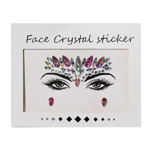 Detailed view of acrylic face crystal sticker, sparkly rhinestone face jewelry and gem.