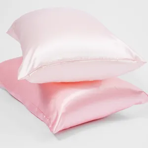 Pink satin silk pillowcase zipper closure solid color soft bed pillow case for home bedroom