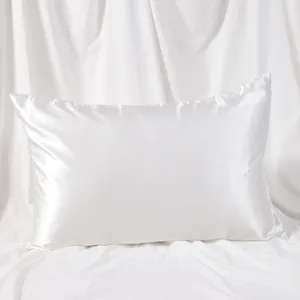 Smooth satin silk pillowcase with hidden zipper closure, solid color soft bedding cover.