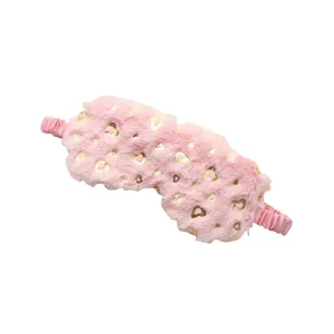 Maschera per dormire in peluche rosa con stampa cuore dorato, morbida protezione occhi.