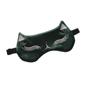 Máscara de dormir gato de seda verde, antifaz de viaje bordado bonito para la siesta.