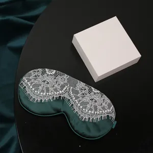 Green imitation silk sleep mask with white lace, breathable shading eye mask for daily rest.