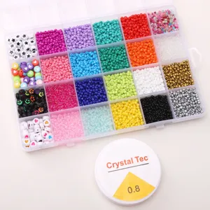 Kit de fabricacion de joyas DIY con cuentas de vidrio coloridas de 24 rejillas y hilo elastico.
