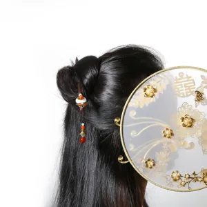 Traditional wooden hair stick with red white beads and tassels for Hanfu classical styling.