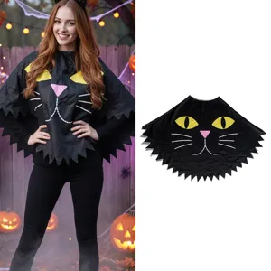 Halloween Black Cat Cloak Cute Animal Cosplay Cape Party Fancy Dress Costume Hooded Outerwear With Cat Face Design