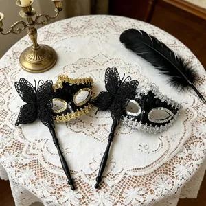 Mascara veneciana mariposa lentejuelas mano fiesta halloween negro oro plata elegante