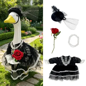 Retro Veranda Gans Jurk Kostuum Theep Feest Bal Vierdelige Set Kant Mesh Jurk Veren Hoed Parel Ketting Roos Rekwisiet