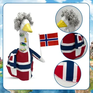 Outdoor lawn goose outfit with Norway flag and grey wig, 2026 soccer world cup decor set.