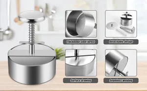 Detail view of the stainless steel burger press showing detachable design and seamless welding features.