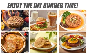 Detail view of delicious homemade burger patties in various cooking scenes and recipes.