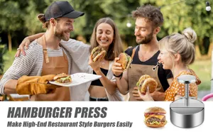Stainless steel hamburger press detail, manual meat patty maker tool for homemade burgers.