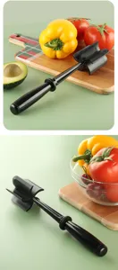 Handheld plastic meat chopper detail view, kitchen cooking tool for minced meat masher mixing.