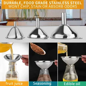 Stainless steel funnel set of 3 sizes with handle for kitchen, durable and food grade.