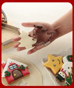 Christmas tree cookie cutter detail view, metal baking mold for biscuits DIY tools.
