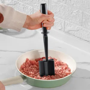 Handheld plastic meat chopper and masher for ground beef, kitchen cooking tool, black color.