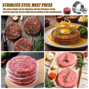 Stainless steel meat press tool for making adjustable hamburger patties easily at home kitchen.