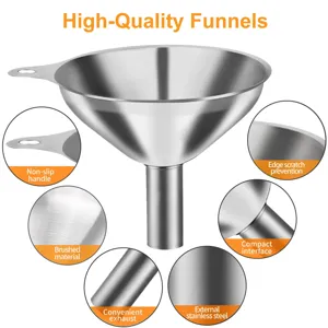 Stainless steel kitchen funnel with side handle and exhaust groove for easy liquid transfer.