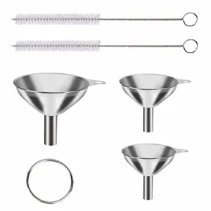 Stainless steel funnel set size chart with cleaning brushes and hanging ring specifications.