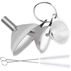 Stainless steel funnel set with cleaning brush detail view, multi-size kitchen tool