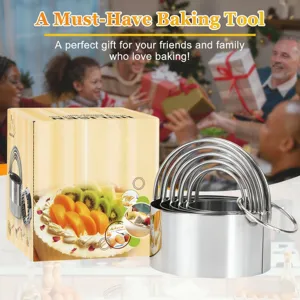 Stainless steel nesting round cookie cutter set with storage ring, perfect for baking.