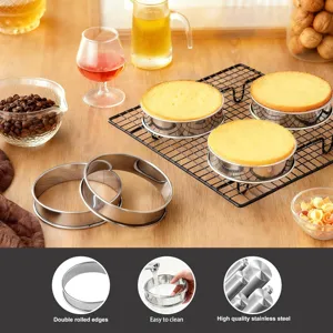 Stainless steel mousse rings, double rolled edge cake baking molds, durable tart ring pastry tools.