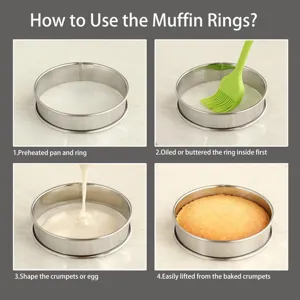Stainless steel muffin ring detail showing the step-by-step usage guide for baking cakes.