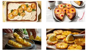 Vista detallada y cercana de deliciosos postres de piña y rodajas de fruta fresca asada.
