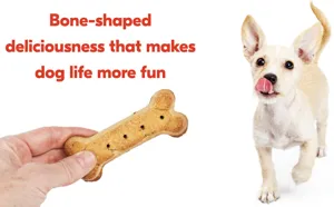 Bone-shaped dog biscuit treat with cute puppy interacting for pet supplies marketing display.