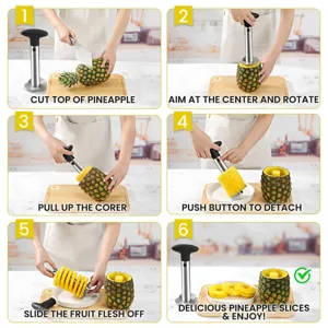 Cortador y descorazonador de piña de acero inoxidable con botón de presión para cocina.