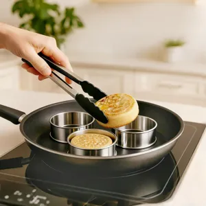 Stainless steel round baking ring set for making delicious pancakes and mousse desserts easily.