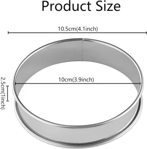 Stainless steel mousse ring mold for baking, tart and cake making, detailed size view.