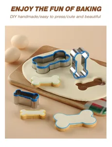 Stainless steel dog bone cookie cutter detail, blue rim for DIY baking fun and treats.
