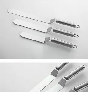 Stainless steel offset cake spatula detail shot showing premium handle and smooth blade quality.