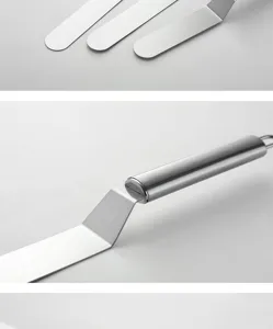 Stainless steel cake spatula detail shot showing metal blade and handle construction clearly.