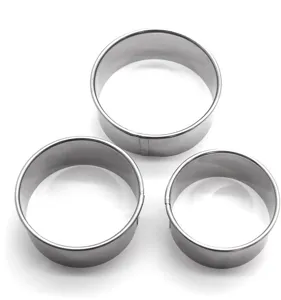 Stainless steel dumpling wrapper cutter mold set, three pieces kitchen baking tool detail.